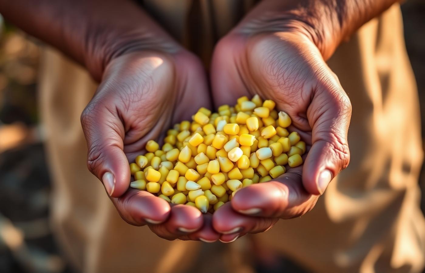Manos sosteniendo grano de maíz